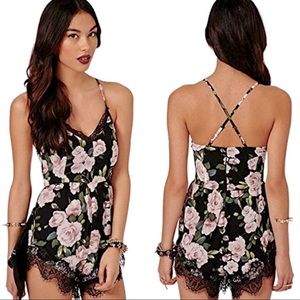 Women Floral Lace Chiffon Bodycon Jumpsuit Party Romper Dress (S, Black)